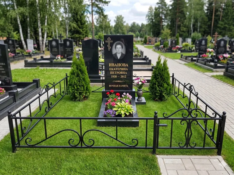 Зелёный газон на могильном участке в Санкт-Петербурге