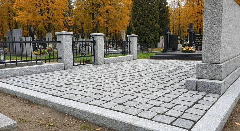 Благоустройство захоронений в Санкт-Петербурге — мощение гранитной плиткой, цоколь и ограда на ухоженном участке