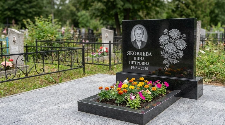 Гравировка хризантем на памятник в Санкт-Петербурге — пример работы на граните
