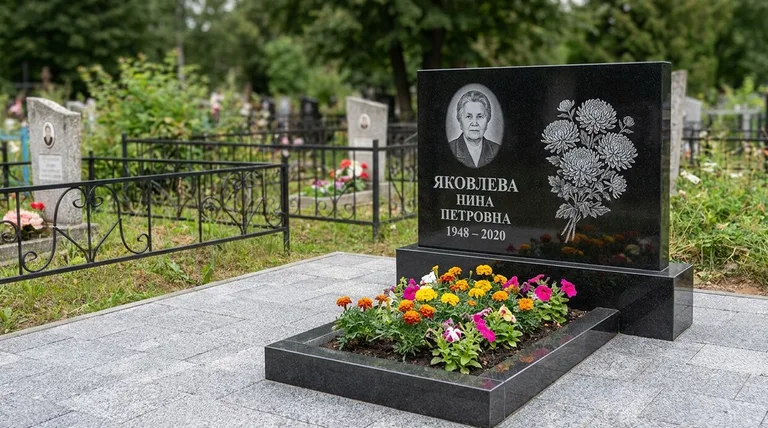 Памятник с гравировкой хризантем — выполненная работа «Соколов» в Санкт-Петербурге