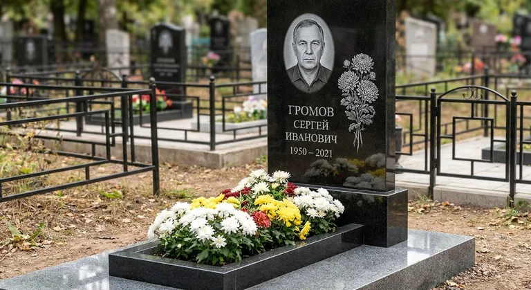 Памятник с гравировкой хризантем — выполненная работа «Громов» в Санкт-Петербурге