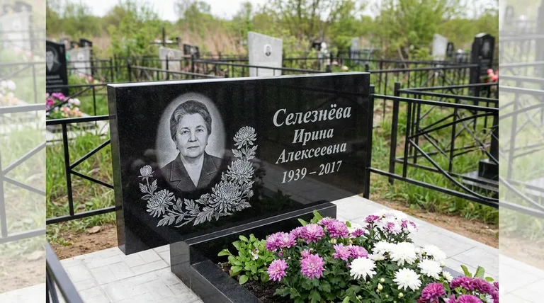 Памятник с гравировкой хризантем — выполненная работа «Селезнёва» в Санкт-Петербурге