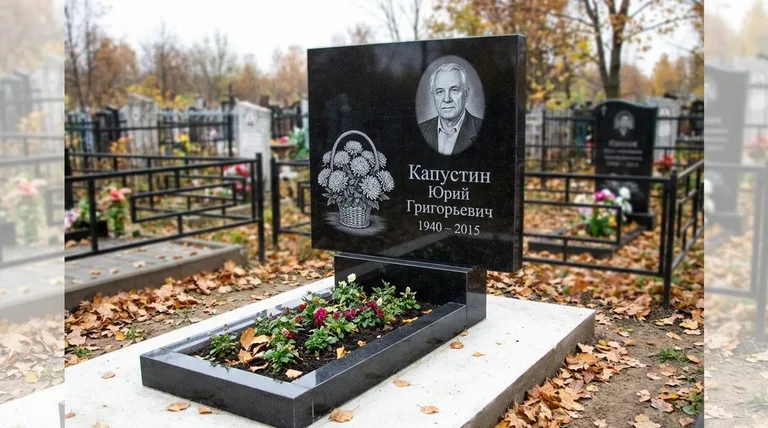 Памятник с гравировкой хризантем — выполненная работа «Капустин» в Санкт-Петербурге
