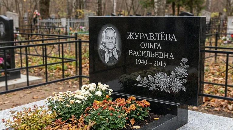 Памятник с гравировкой хризантем — выполненная работа «Журавлёва» в Санкт-Петербурге