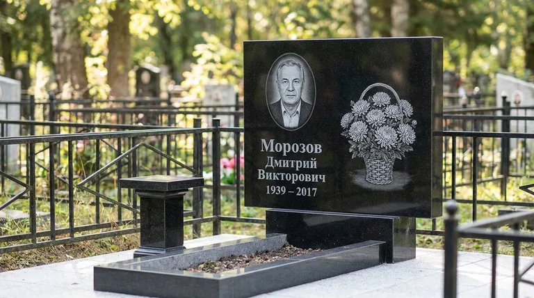 Памятник с гравировкой хризантем — выполненная работа «Морозов» в Санкт-Петербурге