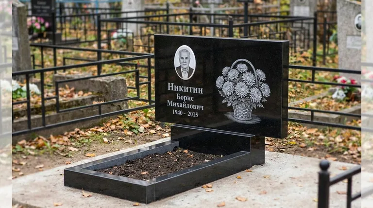Памятник с гравировкой хризантем — выполненная работа «Никитин» в Санкт-Петербурге