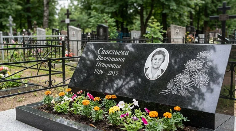 Памятник с гравировкой хризантем — выполненная работа «Савельева» в Санкт-Петербурге