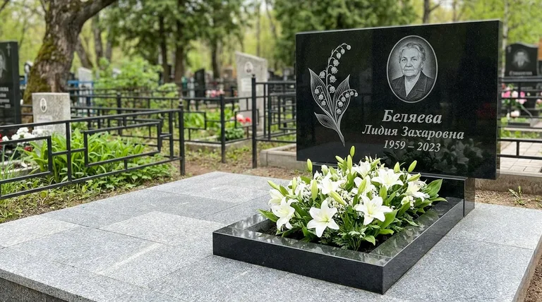 Памятник с гравировкой ландышей — выполненная работа «Беляева» в Санкт-Петербурге