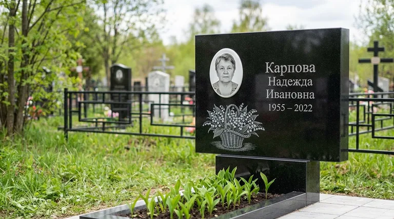 Памятник с гравировкой ландышей — выполненная работа «Карпова» в Санкт-Петербурге