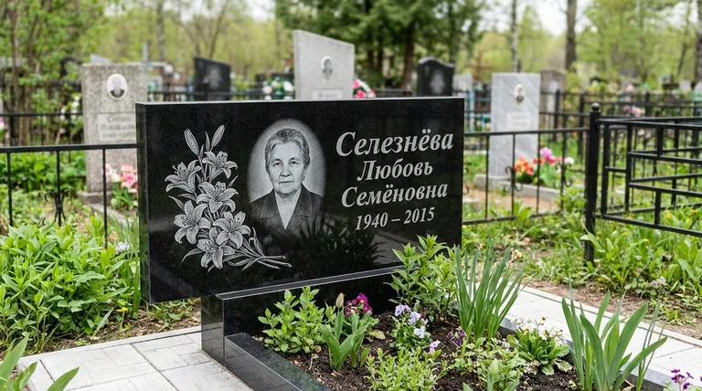 Памятник с гравировкой лилий — выполненная работа «Селезнёва» в Санкт-Петербурге