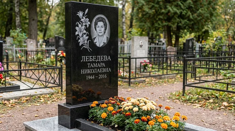 Памятник с гравировкой лилий — выполненная работа «Лебедева» в Санкт-Петербурге