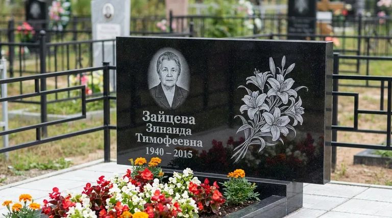 Памятник с гравировкой лилий — выполненная работа «Зайцева» в Санкт-Петербурге