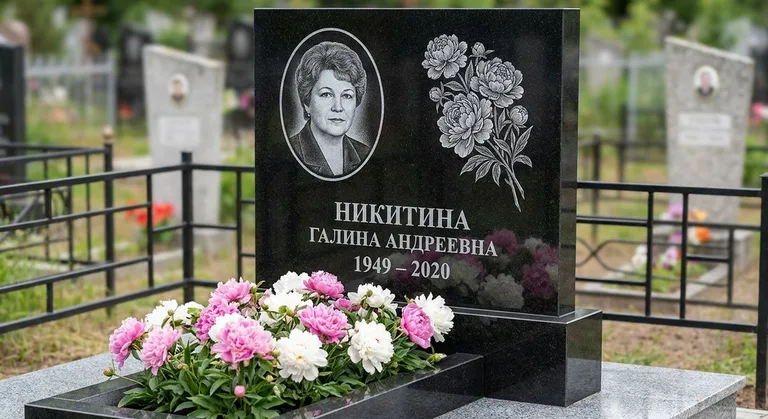 Памятник с гравировкой пионов — выполненная работа «Никитина» в Санкт-Петербурге
