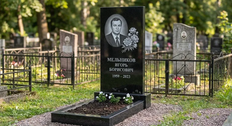 Памятник с гравировкой пионов — выполненная работа «Мельников» в Санкт-Петербурге