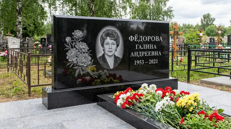 Памятник с гравировкой пионов — выполненная работа «Фёдорова» в Санкт-Петербурге