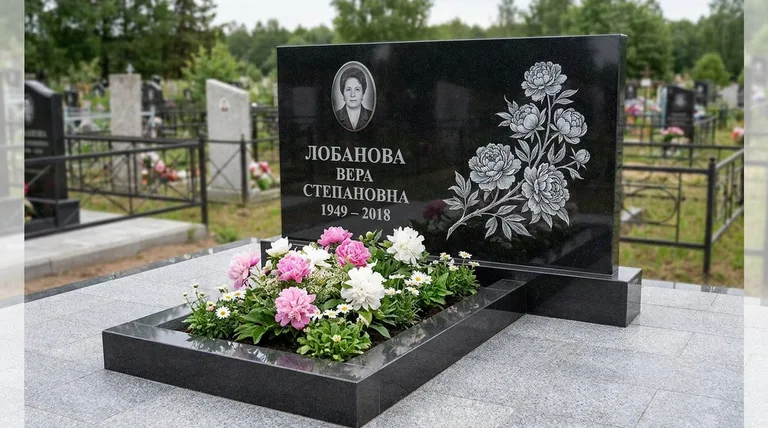 Памятник с гравировкой пионов — выполненная работа «Лобанова» в Санкт-Петербурге