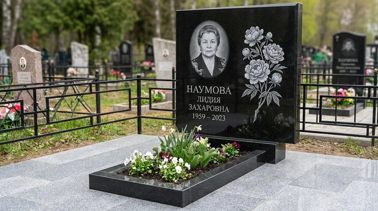 Памятник с гравировкой пионов — выполненная работа «Наумова» в Санкт-Петербурге