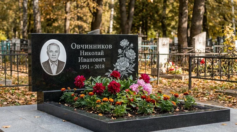 Памятник с гравировкой пионов — выполненная работа «Овчинников» в Санкт-Петербурге