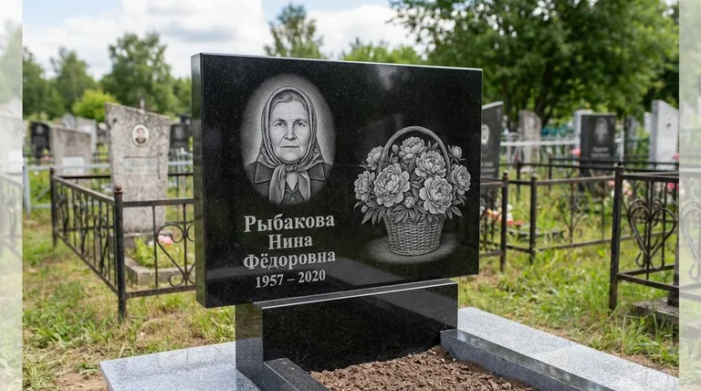Памятник с гравировкой пионов — выполненная работа «Рыбакова» в Санкт-Петербурге
