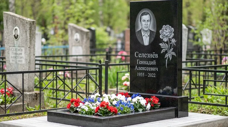 Памятник с гравировкой пионов — выполненная работа «Селезнёв» в Санкт-Петербурге