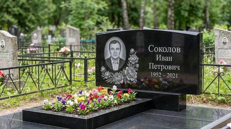Памятник с гравировкой пионов — выполненная работа «Соколов» в Санкт-Петербурге