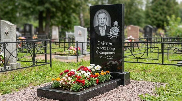 Памятник с гравировкой пионов — выполненная работа «Зайцев» в Санкт-Петербурге