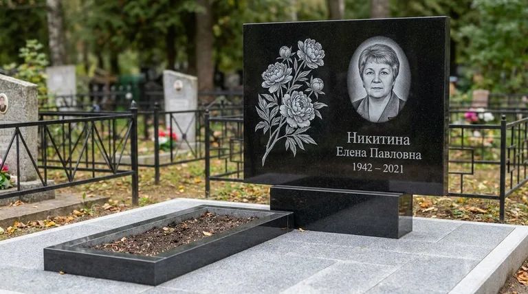 Памятник с гравировкой пионов — выполненная работа «Никитина» в Санкт-Петербурге