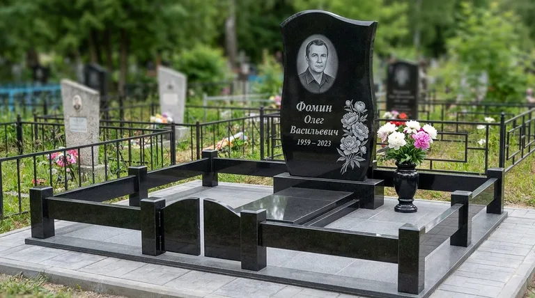 Памятник с гравировкой пионов — выполненная работа «Фомин» в Санкт-Петербурге