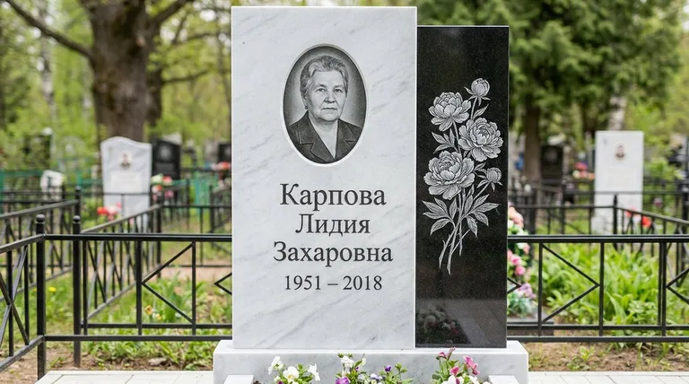 Памятник с гравировкой пионов — выполненная работа «Карпова» в Санкт-Петербурге