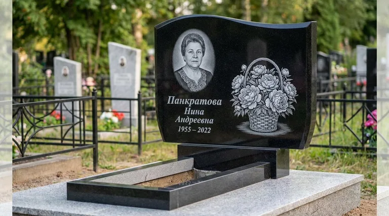 Памятник с гравировкой пионов — выполненная работа «Панкратова» в Санкт-Петербурге