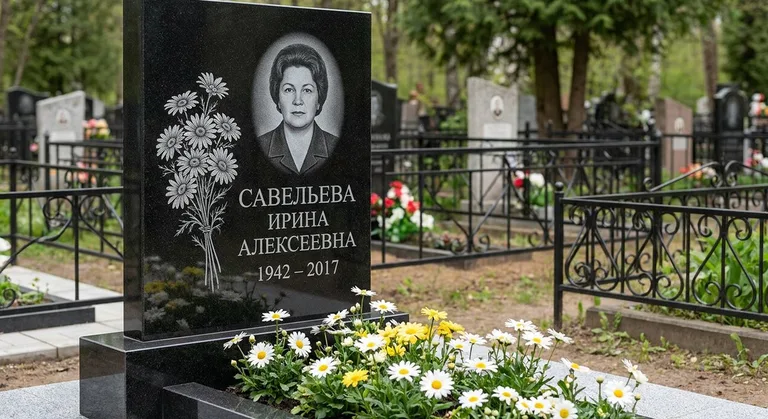 Памятник с гравировкой ромашек — выполненная работа «Савельева» в Санкт-Петербурге