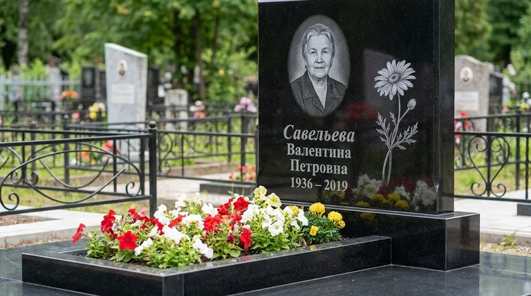 Памятник с гравировкой ромашек — выполненная работа «Савельева» в Санкт-Петербурге