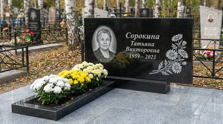 Памятник с гравировкой ромашек — выполненная работа «Сорокина» в Санкт-Петербурге