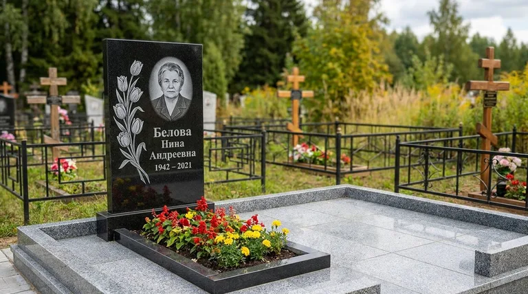 Памятник с гравировкой тюльпанов — выполненная работа «Белова» в Санкт-Петербурге