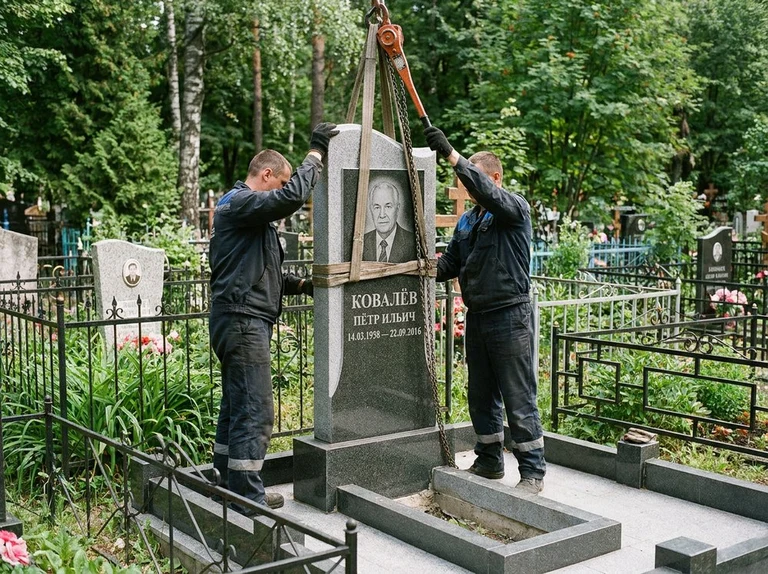 Демонтаж памятника на кладбище в Санкт-Петербурге — бригада аккуратно снимает старый гранитный памятник с могилы