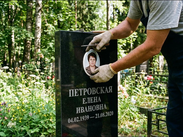 Фото на керамике на памятник в Санкт-Петербурге — мастер устанавливает овальный керамический портрет на гранитный памятник