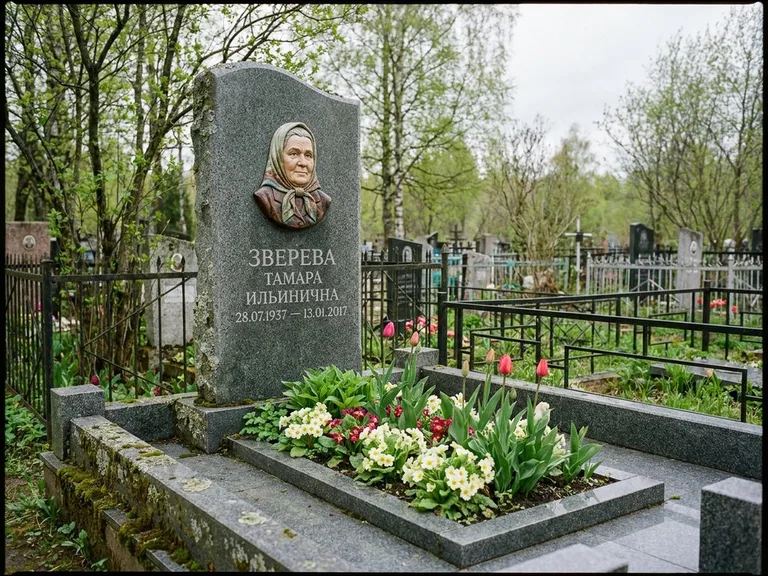 Керамический портрет на летнем кладбище в Санкт-Петербурге