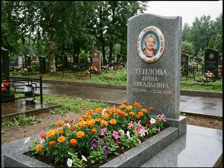 Керамический портрет на памятнике с цветами в Санкт-Петербурге