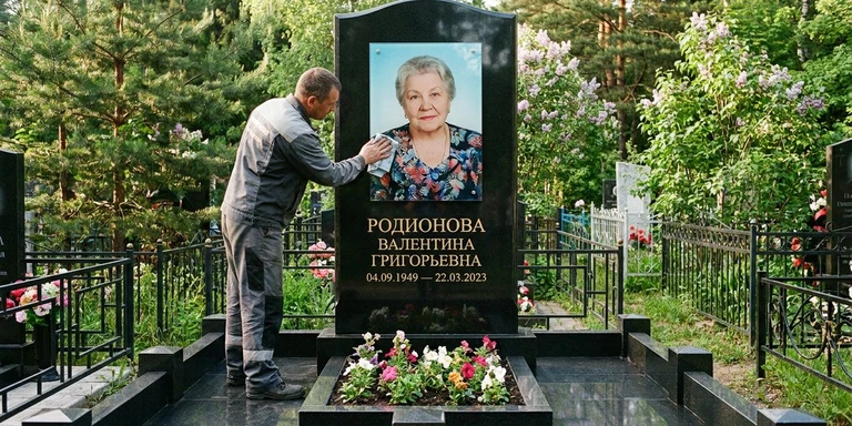 Фотокерамика и печать фото на памятник в Санкт-Петербурге — мастер устанавливает цветной портрет на стекле на гранитный памятник