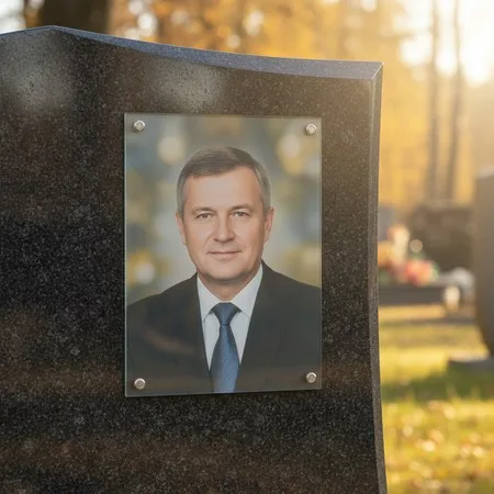 Портрет на стекле на держателях на чёрном граните в Санкт-Петербурге