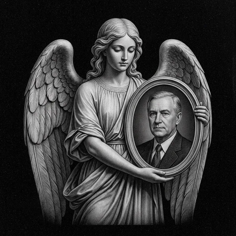 Эскиз гравировки ангела на памятник — объёмный ангел с портретом в Санкт-Петербурге