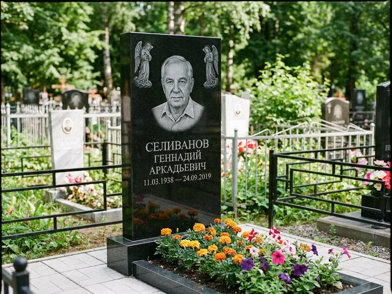 Памятник с гравировкой ангела — гравировка двух ангелов по сторонам портрета, работа «Селиванов» в Санкт-Петербурге