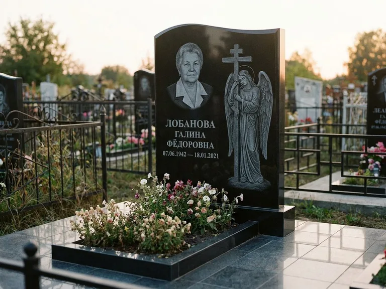 Памятник с гравировкой ангела — гравировка ангела с крестом рядом с эпитафией, работа «Лобанова» в Санкт-Петербурге