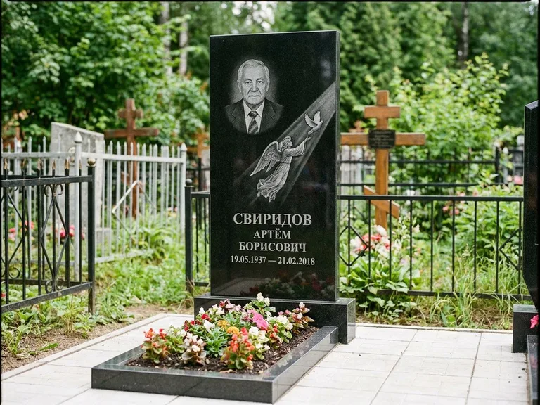 Памятник с гравировкой ангела — гравировка ангела с голубем по диагонали стелы, работа «Свиридов» в Санкт-Петербурге