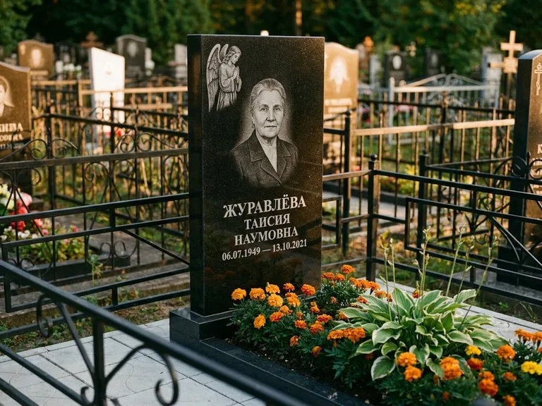 Памятник с гравировкой ангела — гравировка молящегося ангела в верхней части стелы, работа «Журавлёва» в Санкт-Петербурге