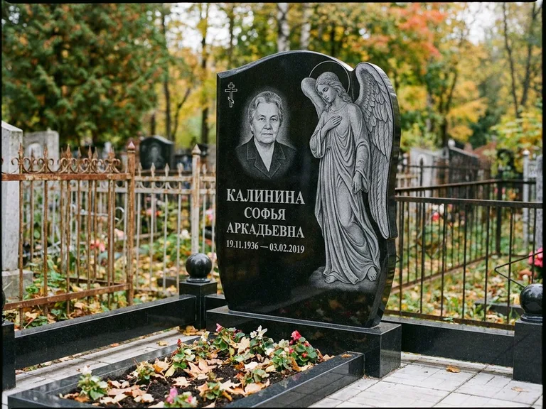Памятник с гравировкой ангела — гравировка ангела с крестом рядом с эпитафией, работа «Игнатова» в Санкт-Петербурге