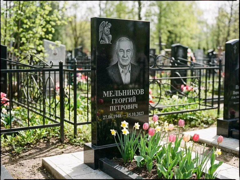 Памятник с гравировкой ангела — гравировка ангела с голубем по диагонали стелы, работа «Доронин» в Санкт-Петербурге