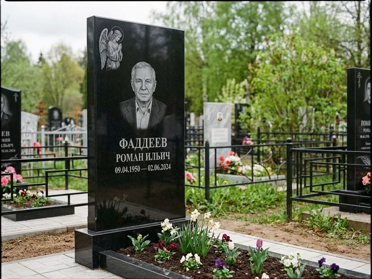 Памятник с гравировкой ангела — гравировка молящегося ангела в верхней части стелы, работа «Фаддеев» в Санкт-Петербурге