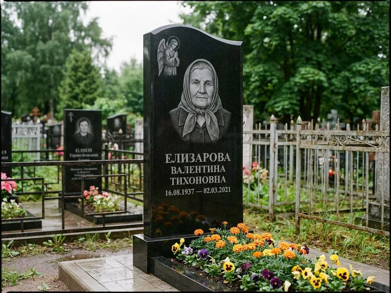 Памятник с гравировкой ангела — гравировка ангела с голубем по диагонали стелы, работа «Пантелеева» в Санкт-Петербурге