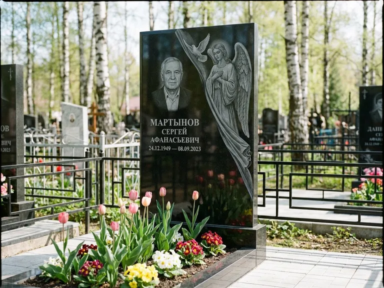 Памятник с гравировкой ангела — гравировка двух ангелов по сторонам портрета, работа «Касаткин» в Санкт-Петербурге